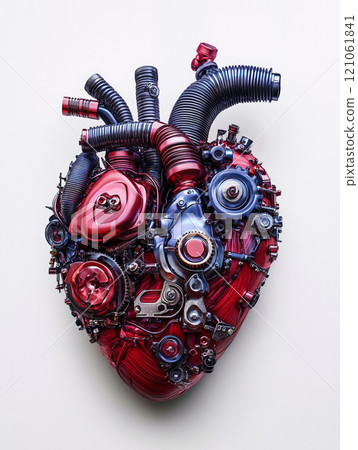 A heart made of metal and wires. The heart has a mechanical look to it. A heart made of metal and wires. The heart has a mechanical look to it. 121061841