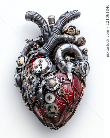 A heart made of metal and wires. The heart has a mechanical look to it. A heart made of metal and wires. The heart has a mechanical look to it. 121061846