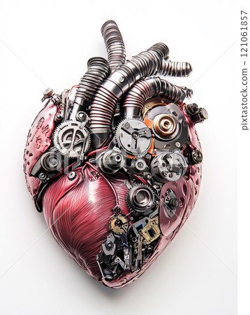 A heart made of metal and wires. The heart has a mechanical look to it. A heart made of metal and wires. The heart has a mechanical look to it. 121061857
