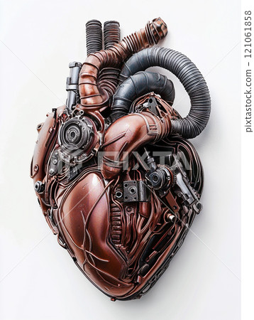 A heart made of metal and wires. The heart has a mechanical look to it. A heart made of metal and wires. The heart has a mechanical look to it. 121061858