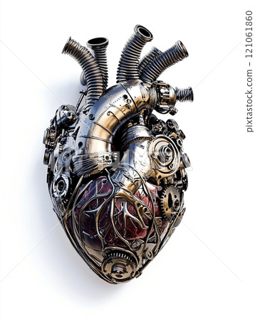 A heart made of metal and wires. The heart has a mechanical look to it. A heart made of metal and wires. The heart has a mechanical look to it. 121061860
