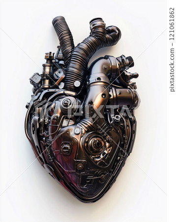 A heart made of metal and wires. The heart has a mechanical look to it. A heart made of metal and wires. The heart has a mechanical look to it. 121061862