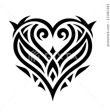 A black decorative linear heart shaped vector design. A female tattoo in a new tribal style. An elegant logo illustration. AI-generated graphic. 121061885