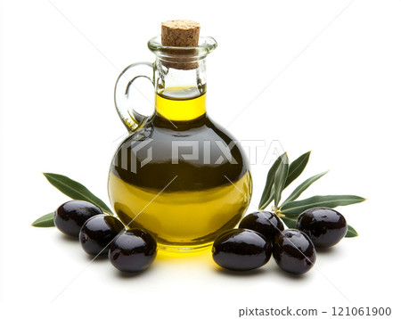 Olive oil in a glass bottle with olives isolated on a white background Olive oil in a glass bottle with olives isolated on a white background 121061900