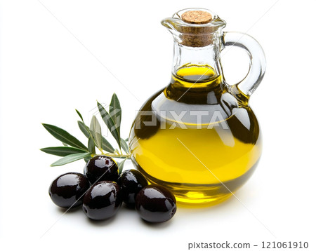 Olive oil in a glass bottle with olives isolated on a white background Olive oil in a glass bottle with olives isolated on a white background 121061910