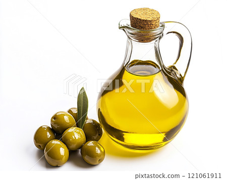 Olive oil in a glass bottle with olives isolated on a white background 121061911