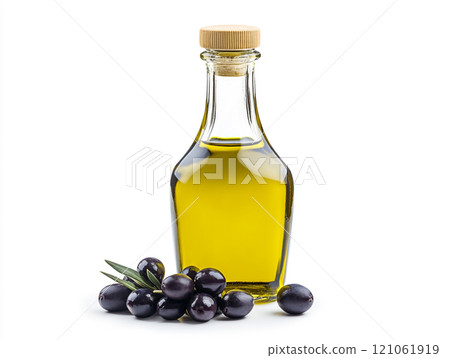 Olive oil in a glass bottle with olives isolated on a white background Olive oil in a glass bottle with olives isolated on a white background 121061919