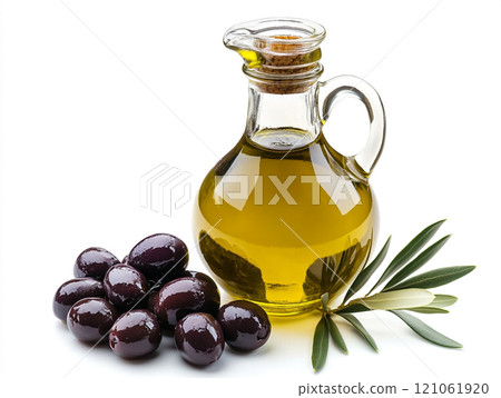 Olive oil in a glass bottle with olives isolated on a white background 121061920
