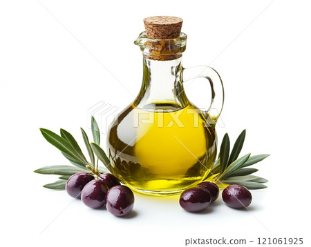 Olive oil in a glass bottle with olives isolated on a white background Olive oil in a glass bottle with olives isolated on a white background 121061925