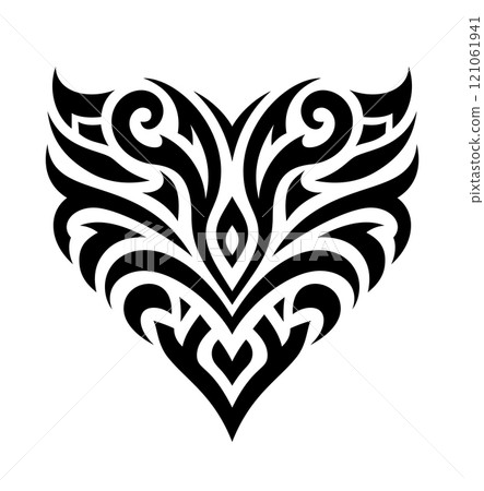 A black decorative heart shaped vector design. A female tattoo in a new tribal style. An elegant symmetrical abstract illustration. AI-generated graphic. 121061941
