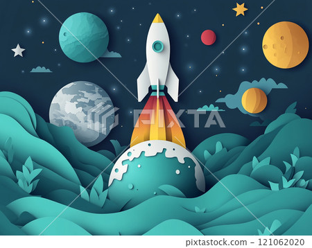 A rocket ship taking off with planets and stars in the background, in the style of paper cut style. 121062020