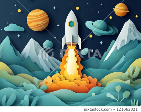 A rocket ship taking off with planets and stars in the background, in the style of paper cut style. 121062021