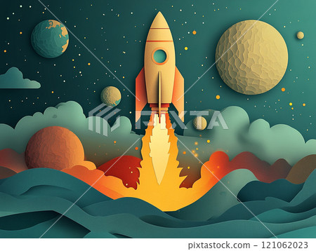 A rocket ship taking off with planets and stars in the background, in the style of paper cut style. 121062023