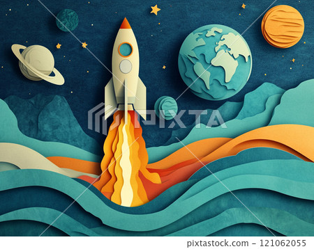 A rocket ship taking off with planets and stars in the background, in the style of paper cut style. A rocket ship taking off with planets and stars in the background, in the style of paper cut style. 121062055