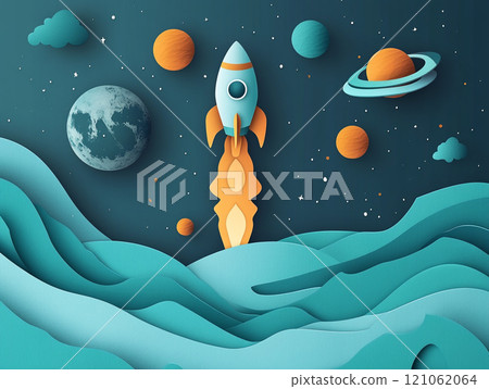 A rocket ship taking off with planets and stars in the background, in the style of paper cut style. A rocket ship taking off with planets and stars in the background, in the style of paper cut style. 121062064