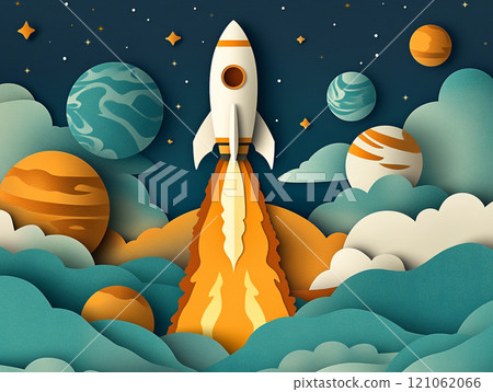 A rocket ship taking off with planets and stars in the background, in the style of paper cut style. 121062066