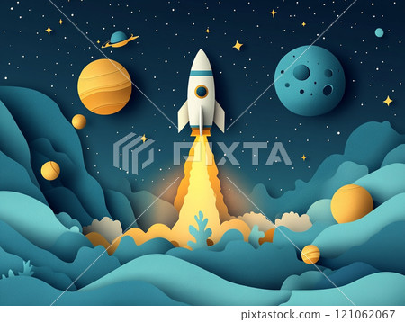 A rocket ship taking off with planets and stars in the background, in the style of paper cut style. A rocket ship taking off with planets and stars in the background, in the style of paper cut style. 121062067