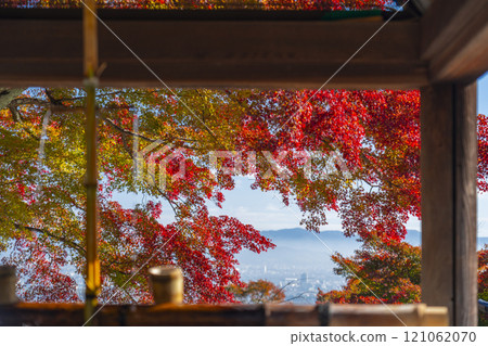 Autumn in Kyoto, Zenbouji Temple, autumn leaves seen through the Chozuya (purification fountain) of Shakado 121062070