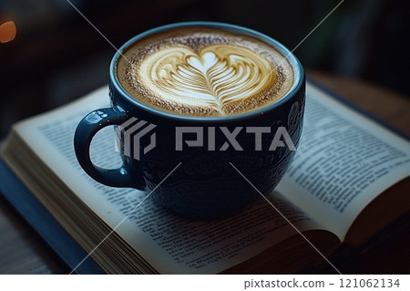 A blue coffee mug with latte art on top of an open book, placed on a table. A blue coffee mug with latte art on top of an open book, placed on a table. 121062134