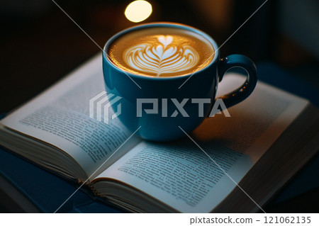 A blue coffee mug with latte art on top of an open book, placed on a table. A blue coffee mug with latte art on top of an open book, placed on a table. 121062135