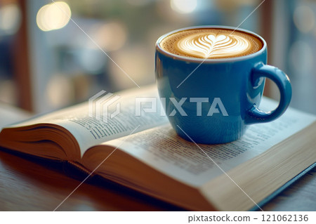 A blue coffee mug with latte art on top of an open book, placed on a table. A blue coffee mug with latte art on top of an open book, placed on a table. 121062136