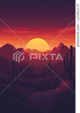 A desert landscape with a large sun in the sky. The sun is setting and the sky is a beautiful mix of orange and purple. Mountain in the background.  121062175