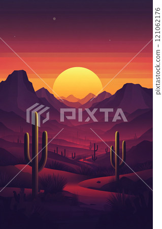 A desert landscape with a large sun in the sky. The sun is setting and the sky is a beautiful mix of orange and purple. Mountain in the background.  121062176