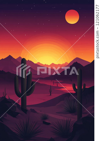 A desert landscape with a large sun in the sky. The sun is setting and the sky is a beautiful mix of orange and purple. Mountain in the background.  121062177