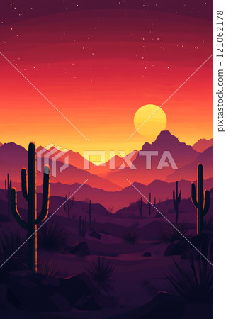 A desert landscape with a large sun in the sky. The sun is setting and the sky is a beautiful mix of orange and purple. Mountain in the background.  121062178