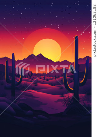 A desert landscape with a large sun in the sky. The sun is setting and the sky is a beautiful mix of orange and purple. Mountain in the background.  121062188