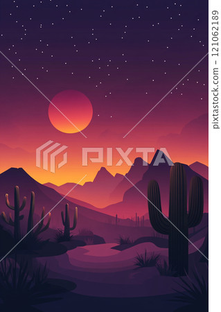 A desert landscape with a large sun in the sky. The sun is setting and the sky is a beautiful mix of orange and purple. Mountain in the background.  121062189