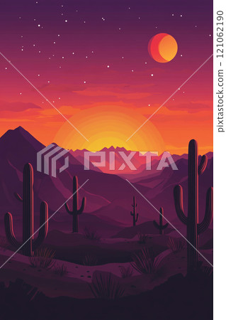 A desert landscape with a large sun in the sky. The sun is setting and the sky is a beautiful mix of orange and purple. Mountain in the background.  121062190