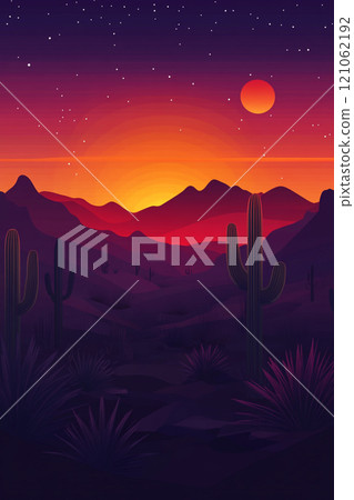 A desert landscape with a large sun in the sky. The sun is setting and the sky is a beautiful mix of orange and purple. Mountain in the background. A desert landscape with a large sun in the sky. The sun is setting and the sky is a beautiful mix of orange and purple. Mountain in the background. 121062192