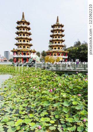 View of the lotus in bloom at the Dragon and Tiger Pagoda in Lotus Pond, Kaohsiung, Taiwan. 121062210