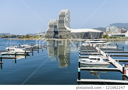 View of Yacht Marina at Glory Pier of Kaohsiung Port, Taiwan. with the Kaohsiung Music Center building. 121062247