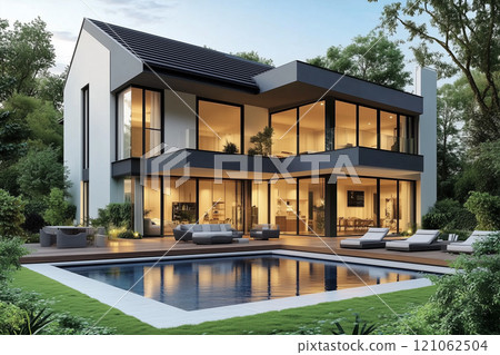Exterior of a luxury home with a pool in the garden 121062504