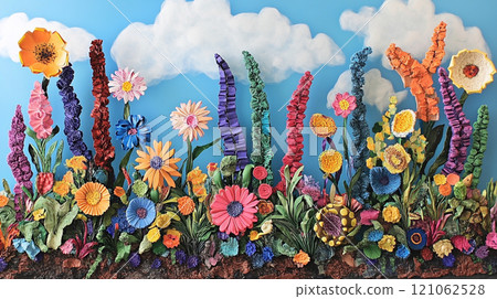 A garden of colorful flowers made from painted plasticine, each representing different types and colors found in nature. 121062528