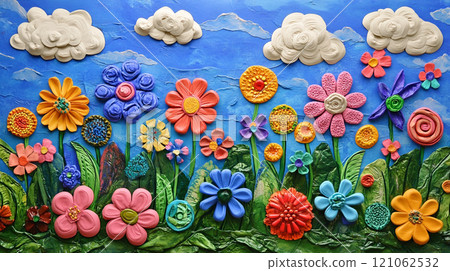 A garden of colorful flowers made from painted plasticine, each representing different types and colors found in nature. A garden of colorful flowers made from painted plasticine, each representing different types and colors found in nature. 121062532