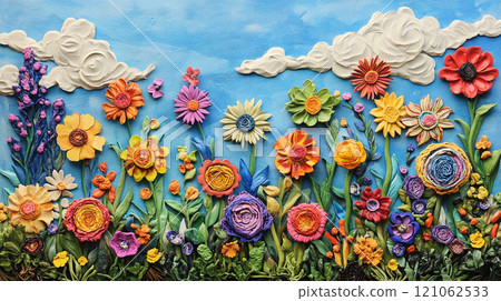 A garden of colorful flowers made from painted plasticine, each representing different types and colors found in nature. A garden of colorful flowers made from painted plasticine, each representing different types and colors found in nature. 121062533