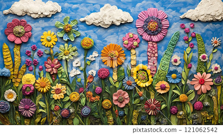 A garden of colorful flowers made from painted plasticine, each representing different types and colors found in nature. A garden of colorful flowers made from painted plasticine, each representing different types and colors found in nature. 121062542