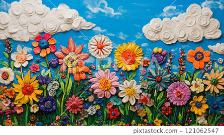 A garden of colorful flowers made from painted plasticine, each representing different types and colors found in nature. A garden of colorful flowers made from painted plasticine, each representing different types and colors found in nature. 121062547