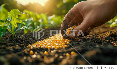 Gloved hand carefully planting golden corn seeds in rich soil during a vibrant sunset in a vegetable garden 121062559