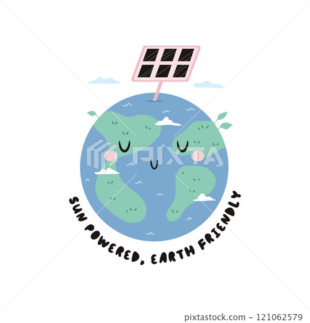 Cute Cartoon Illustration of Planet Earth with Solar Panel. Perfect for Renewable Energy and Sustainability Themes 121062579