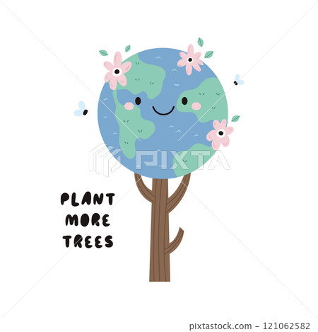 Cute Cartoon Illustration of Planet Earth Growing Like a Tree. Perfect for Eco-Friendly and Sustainability Theme 121062582