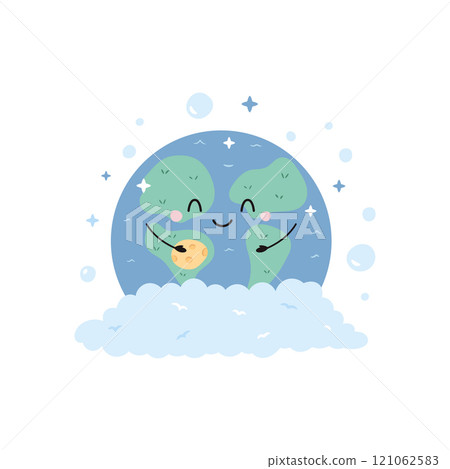 Cute Cartoon Illustration of Planet Earth Washing with Sponge and Soap Bubbles. Perfect for Clean Planet Themes 121062583