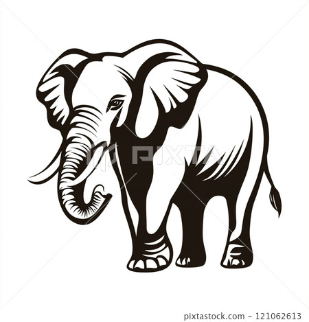 A black and white illustration of an elephant standing in front of a white background. 121062613