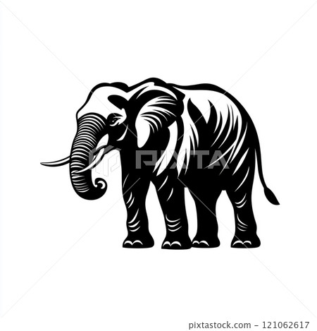 A black and white illustration of an elephant standing in front of a white background. A black and white illustration of an elephant standing in front of a white background. 121062617