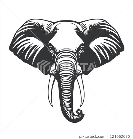 A black and white illustration of an elephant standing in front of a white background. 121062620