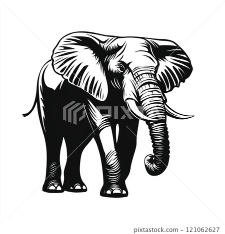 A black and white illustration of an elephant standing in front of a white background. 121062627