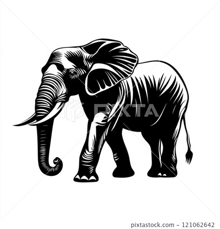 A black and white illustration of an elephant standing in front of a white background. A black and white illustration of an elephant standing in front of a white background. 121062642